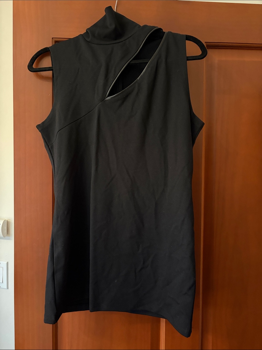 One-Shoulder Black Sleeveless Top with Mock Neck